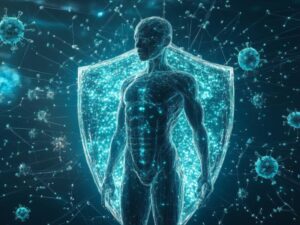 Imagem 3D de homem com escudo contra vírus